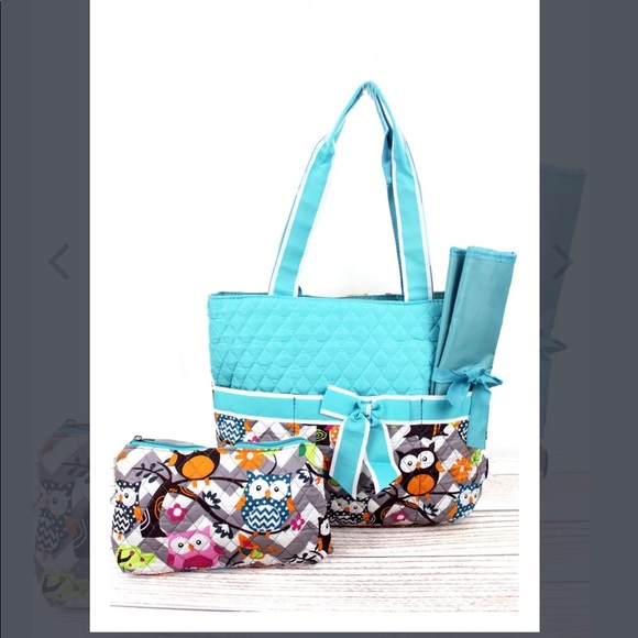 NWT Boutique- GRAY CHEVRON OWL QUILTED DIAPER BAG WITH AQUA TRIM - Picture 3 of 3